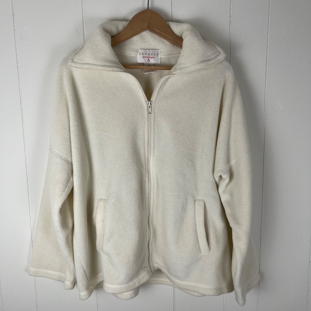 Vintage Express Athléique Fleece Jacket Small Cream Full Zip USA Pockets 90s Y2K